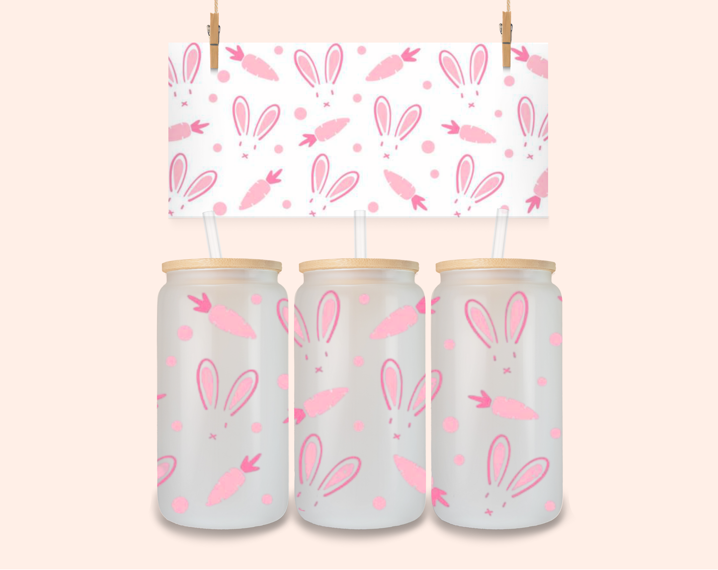 Pink bunnies and carrots UV DTF 16 Oz
